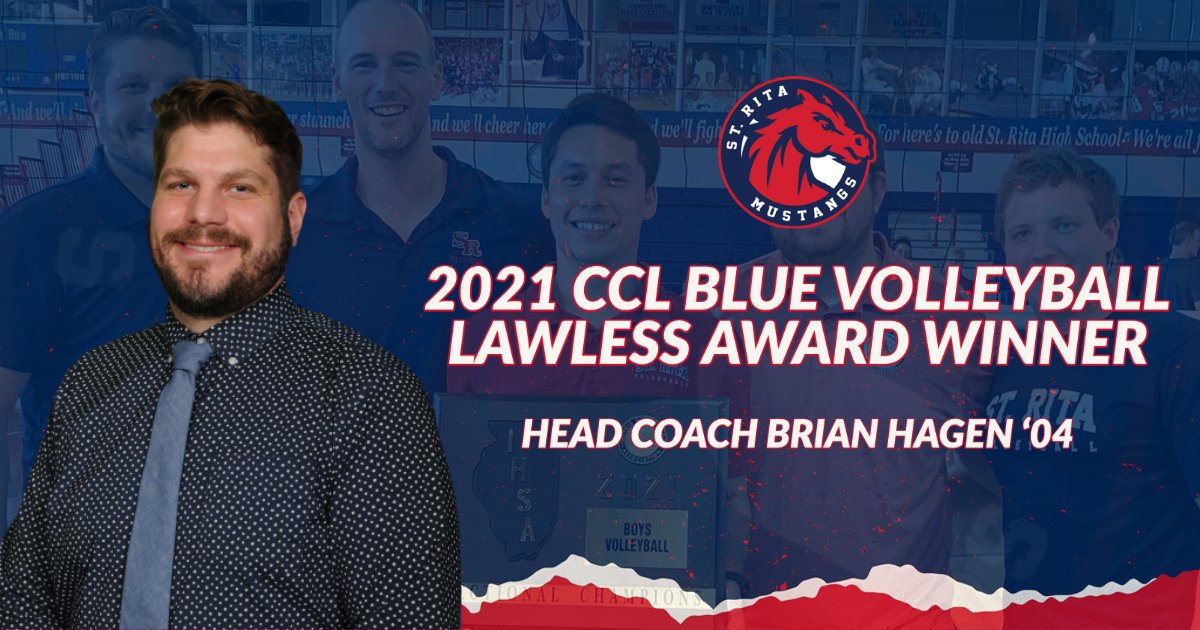 StRitaAthletics's tweet photo. Congratulations to @StRita_VB Head Coach Brian Hagen '04 on being named Tony Lawless Award winner for coach of the year in the CCL Blue this season! 

This is Coach Hagen's fourth Lawless Award in the last five seasons. (2016, 2017, 2019, 2021) https://t.co/W64lNc9BU8