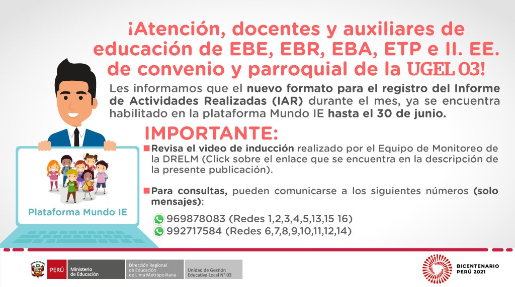 ugel03oficial's tweet photo. 📌Atención a esta información sobre el registro de actividades realizadas IAR en la plataforma #MundoIE.
🎥Ver video de inducción: https://t.co/fX3xcTpfeR https://t.co/a2rA3RXWWU