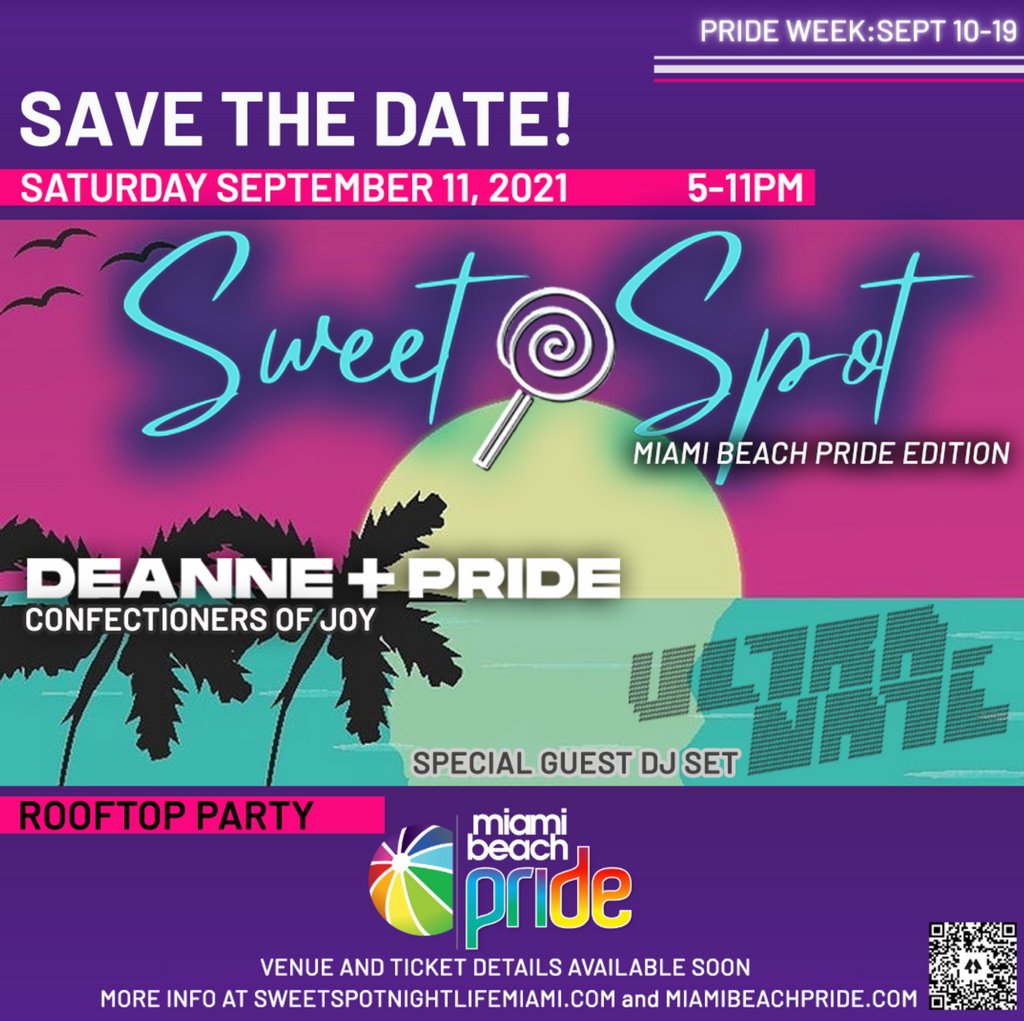 MiamiBeachPride's tweet photo. Miami Beach Pride is proud to present Sweet Spot: Miami Beach Pride Edition featuring Deanne + Pride and a special guest DJ set by the legend, Ultra Naté.
#OneLove #PrideIsBack #Miami #Music #vibes #sweetspot #love #lgbtq #DJ https://t.co/M8DR84zNoY