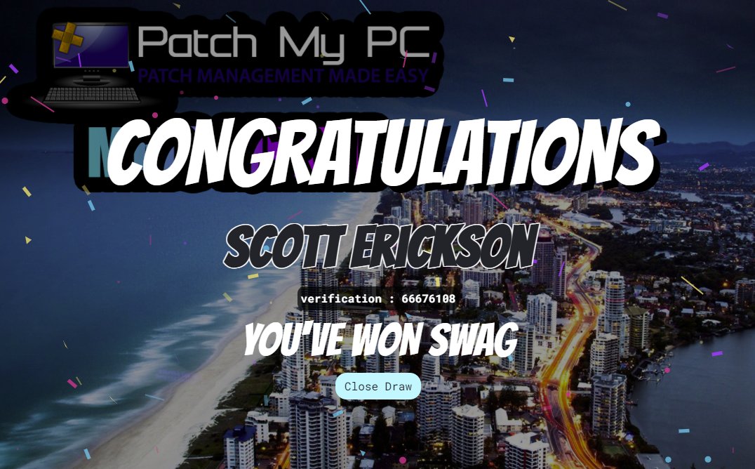 PatchMyPC's tweet photo. Congrats to @ScottEricksonJr 🎉🥳🎊 , who won a 🆓 trip to @mmsmoa in our raffle today at #MEMUG!
#SCCM #ConfigMgr @DenMEMUG https://t.co/6RH8m7N7ok