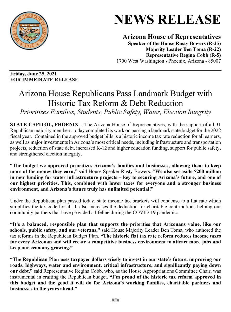 AZHouseGOP's tweet image. Arizona House Republicans Pass Landmark Budget with Historic Tax Reform &amp;amp; Debt Reduction. Prioritizes Families, Students, Public Safety, Water, Election Integrity. @AZHouseGOP #AZleg azleg.gov/press/house/55…
