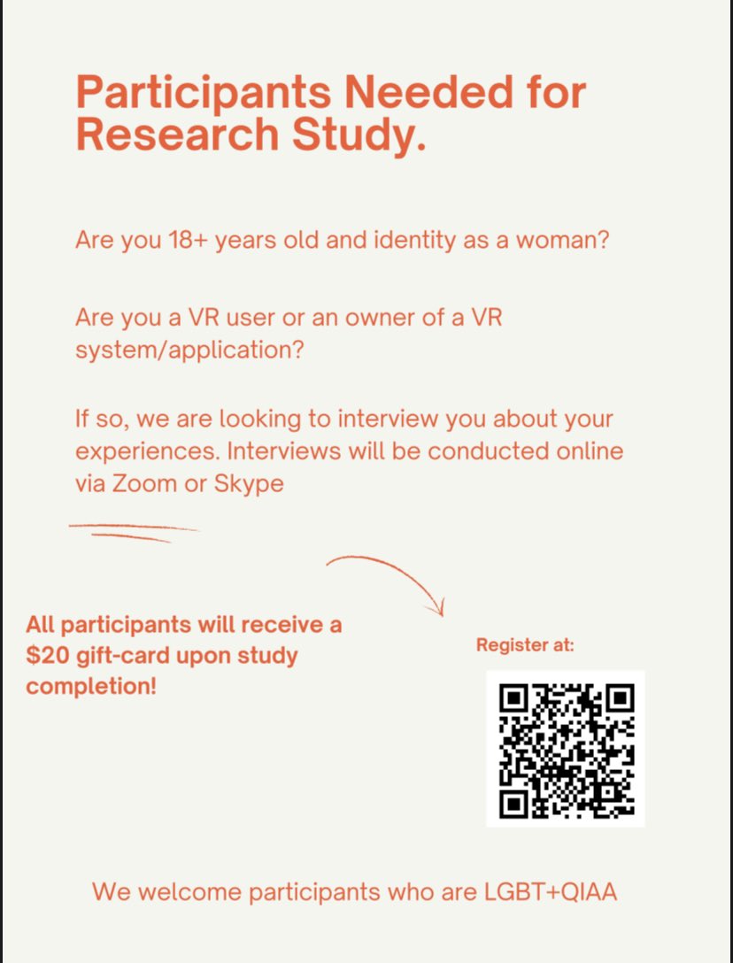 #CallforParticipation I am seeking women/femme VR users to discuss  their experiences with VR via Zoom. If you’re interested or want to find out more info, please check out this link: clemson.ca1.qualtrics.com/jfe/form/SV_4U…
#Research