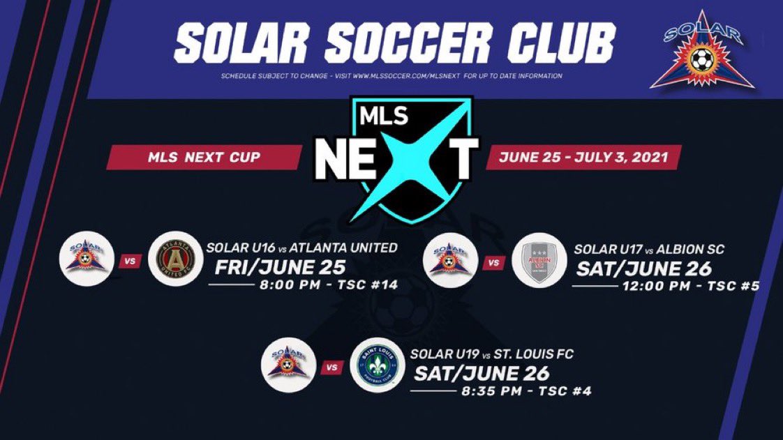 Solar SC is thrilled to announce the qualification of three teams for the inaugural <a href="/MLSNEXT/">MLS NEXT</a> Cup Championship and another team in the MLS Next Showcase.  The commitment of Solar's exceptional coaching staff to player development has led the effort to Solar's success in MLS Next.