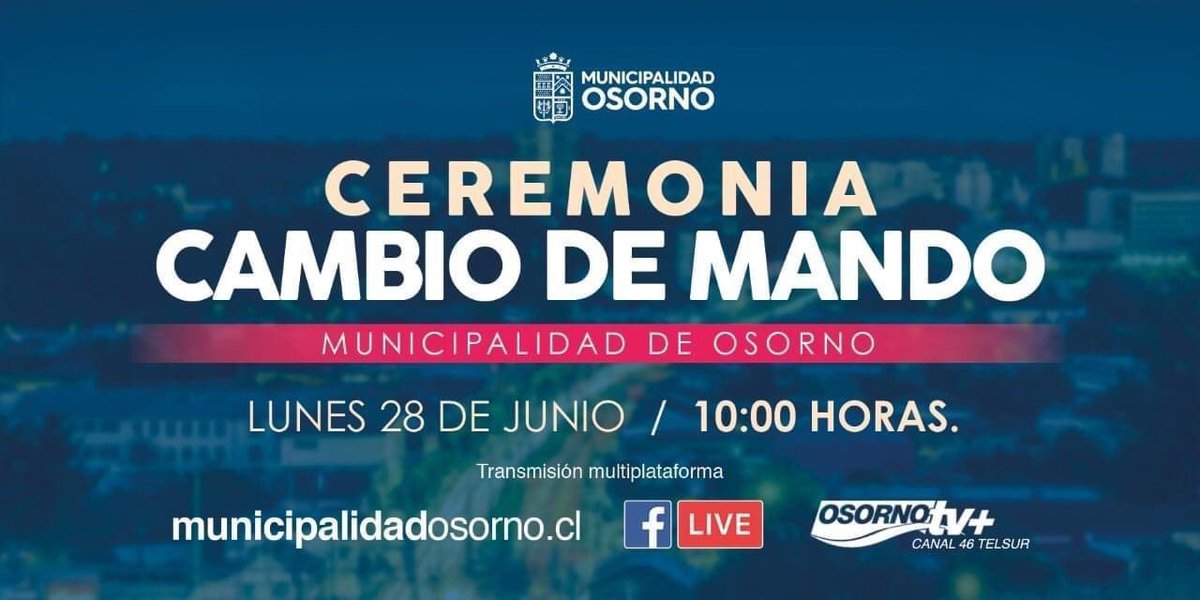 Este lunes 28 de junio se realizará el cambio de mando en la gestión municipal de nuestra ciudad de Osorno, acompáñanos a través de redes sociales y a través del Canal Municipal en la señal 46 de Telefónica del Sur.
Esta ceremonia se realizará desde las 10:00 de la mañana.