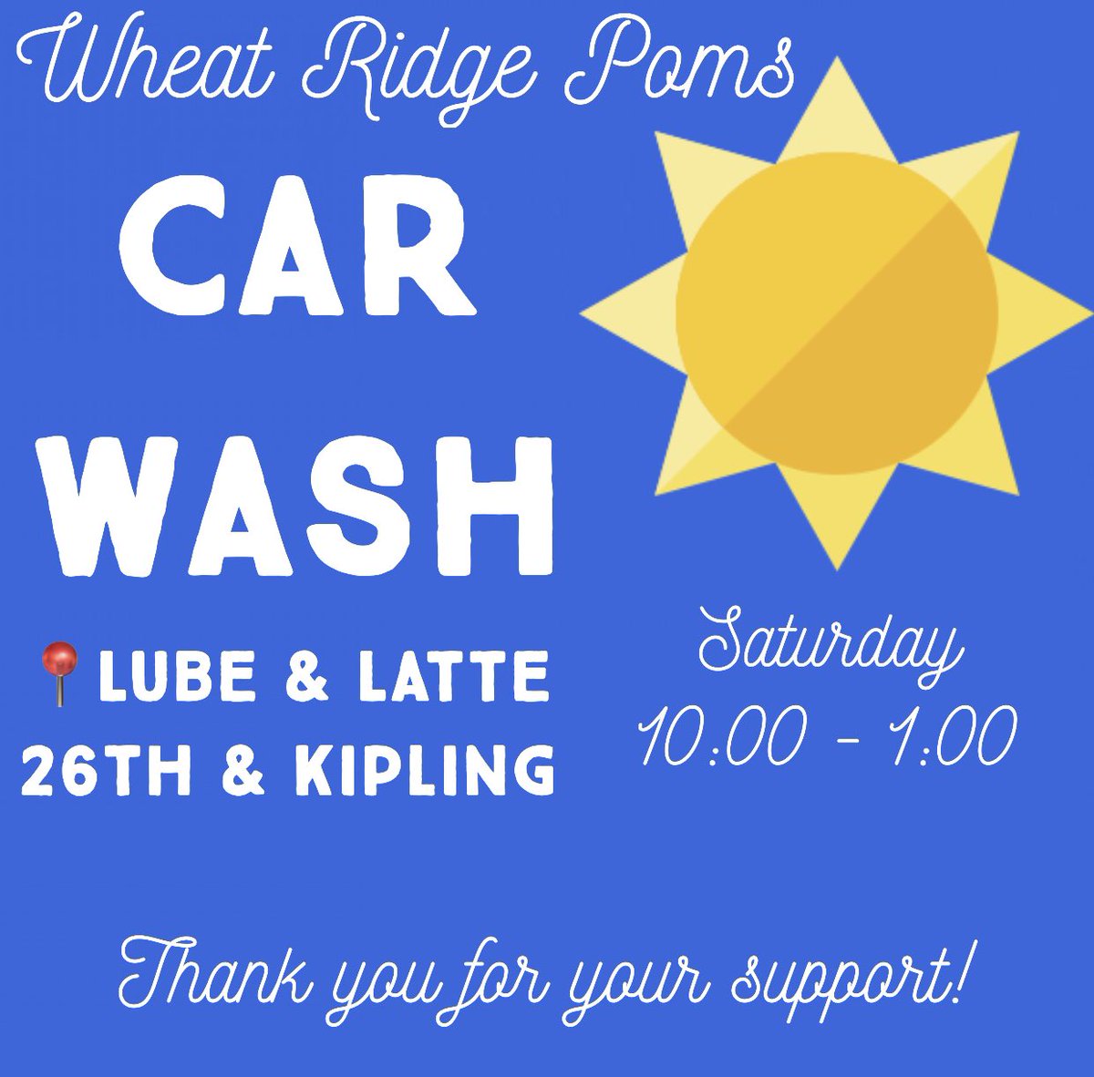Come support the WR Poms, TOMORROW from 10:00-1:00 at our first Car Wash of the summer!! 📍Lube &amp; Latte at 26th &amp; Kipling

🤞🏼weather permitting