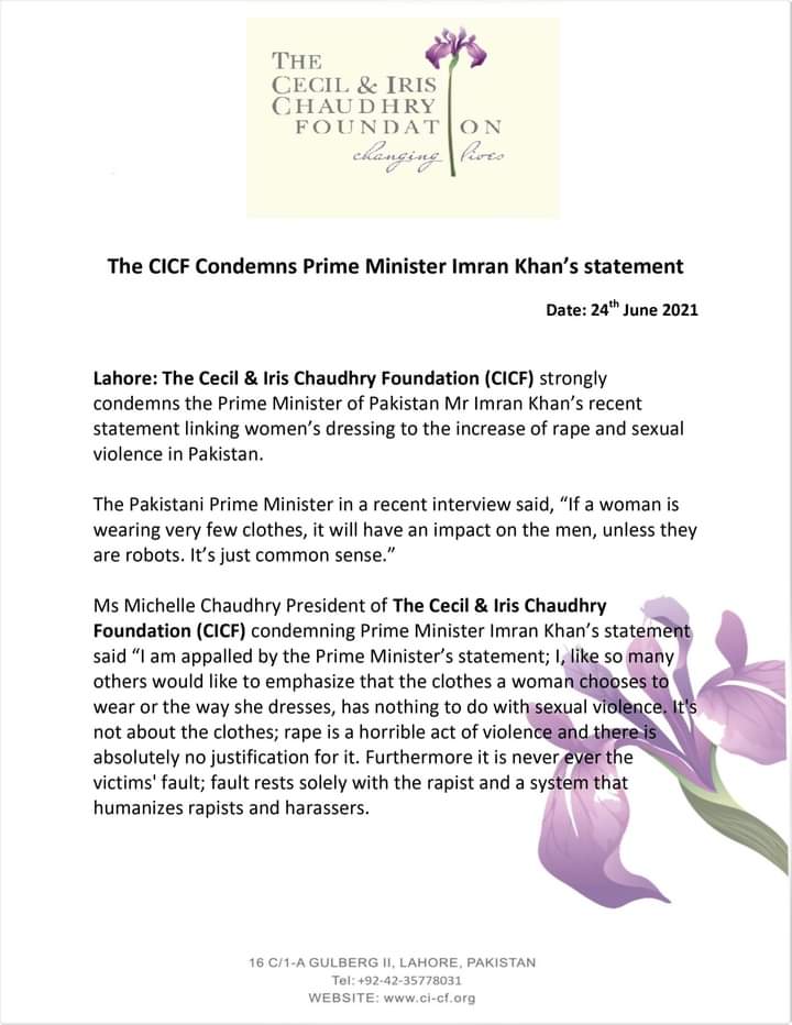 MichelleCh27's tweet photo. The Cecil &amp; Iris Chaudhry Foundation (CICF) strongly condemns the Prime Minister of Pakistan Mr Imran Khan’s recent statement linking women’s dressing to the increase of rape and sexual violence in Pakistan. https://t.co/6O6vAcjqFb