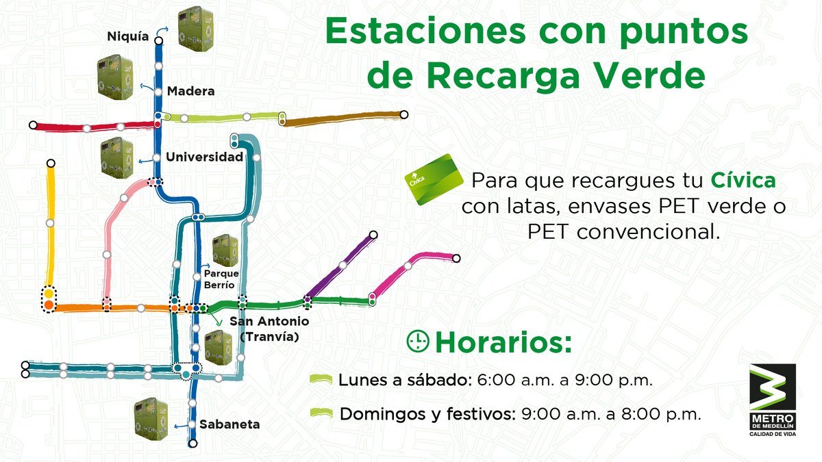 metrodemedellin's tweet photo. ¿Sabías que la #RecargaVerde ♻️ volvió? Desde el 11 de junio reactivamos el servicio en 6⃣ estaciones  (ver mapa) de la #RedMetro para que lleves tus latas, envases PET verdes o PET convencional, y recargues tu #Cívica mientras aportas al cuidado del planeta 🌎. ¡Te esperamos! 🤗 https://t.co/pDbZBaLncd