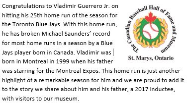 CDNBaseballHOF's tweet photo. Canadian Baseball Hall of Fame and Museum statement about Vladimir Guerrero JR’s Canadian Blue Jays homerun record. @BlueJays @SNstats @thehazelmae https://t.co/hWHfsbDbb2