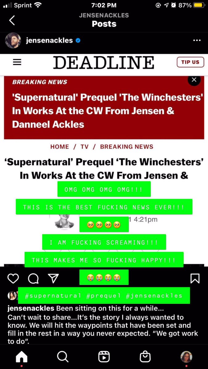 bella18aj's tweet photo. OMG OMG OMG OMG!!!
THIS IS THE BEST FUCKING NEWS EVER!!!
🥺🥺🥺🥺
I AM FUCKING SCREAMING!!!
THIS MAKES ME SO FUCKING HAPPY!!!
😭😭😭😭
@TheCW @cw_spn
@JensenAckles @DanneelHarris @ChaosMachinePro
#supernatural #prequel #jensenackles https://t.co/diWcvSGTZM
