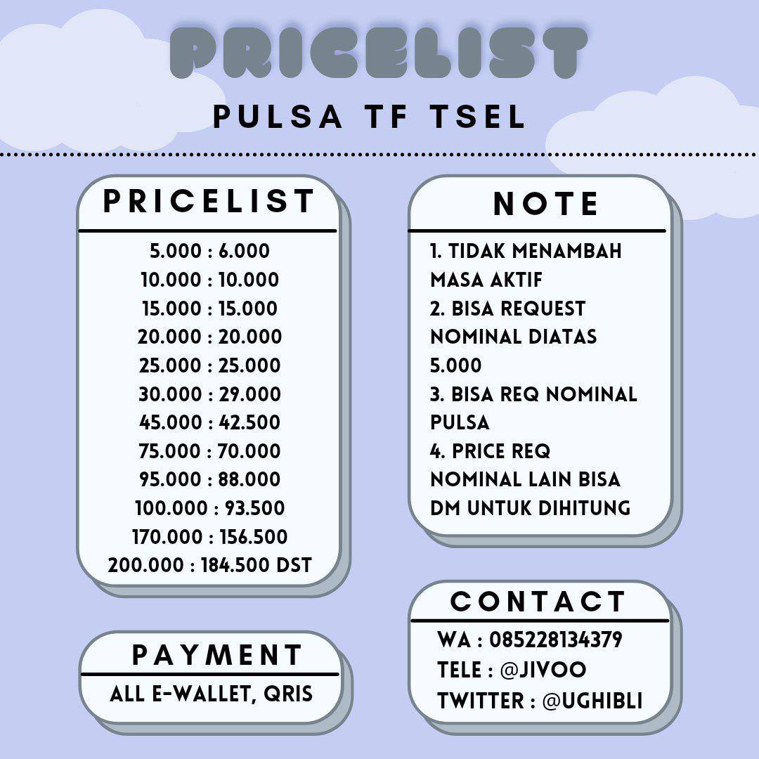 jual pulsa tf &amp; kuota telkomsel murah under aplikasi

• harga kuota 10% lebih murah dari apk
• bisa cek nomor dulu
• pulsa bisa req nominal up 5k
• payment via all e wallet bisa qris

t. tsel paket data beli wtb wtt need wts harian mingguan ig twt wa bulanan
langsung DM/WA