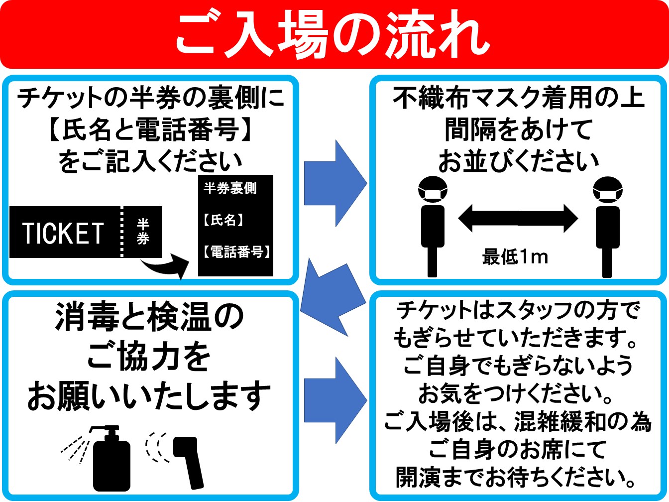 ট ইট র ロックミュージカル Mars Red 公式 ご来場のお客様へ ご入場の流れ チケットの半券の裏側に 氏名と電話番号 をご記入の上ご来場ください 不織布マスク着用 の上 間隔をあけてお並びください チケットは手袋を着用したスタッフの