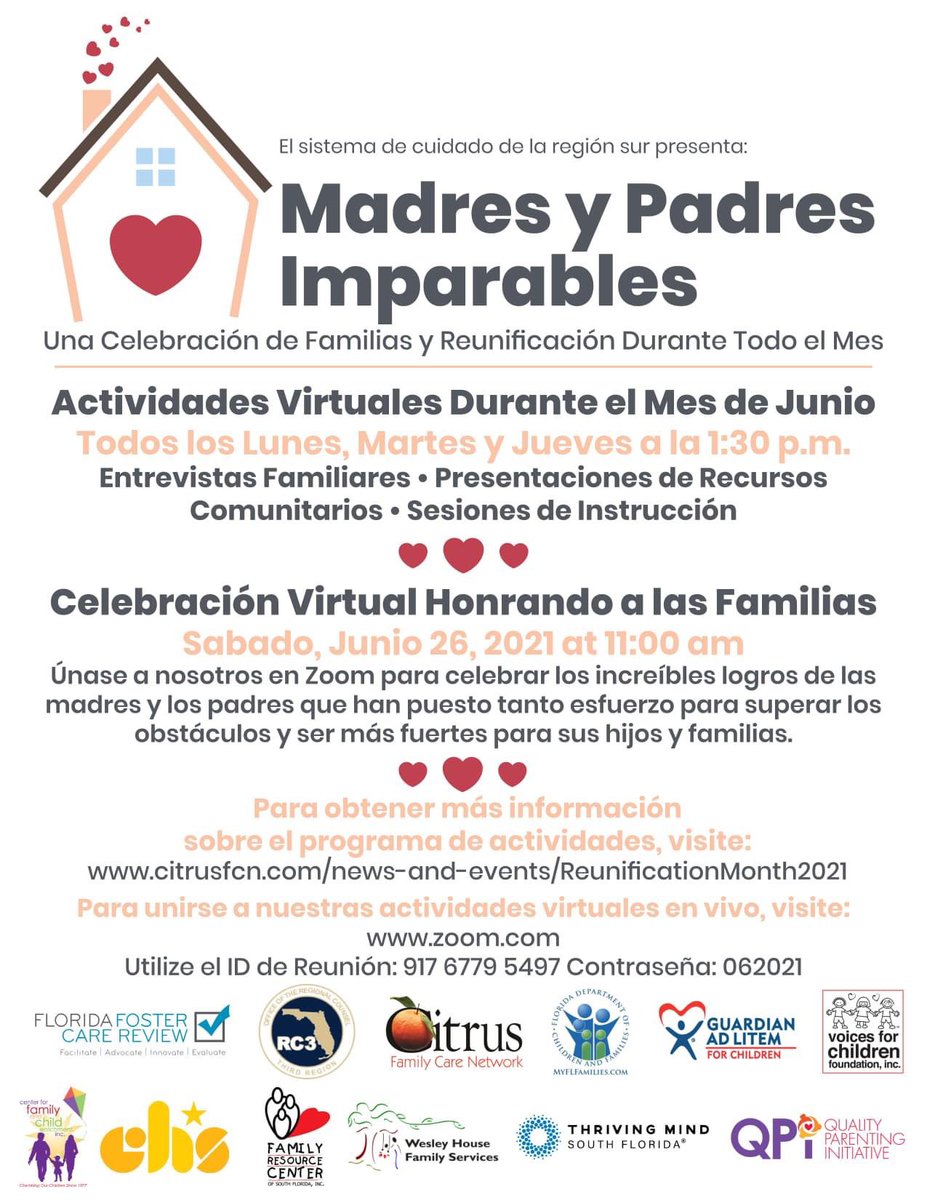Join us at 11:00am for our Virtual Celebration Honoring Families in recognition of Reunification Month! 
#UnstoppableParents #ReunificationMonth #ReunificationMonth2021