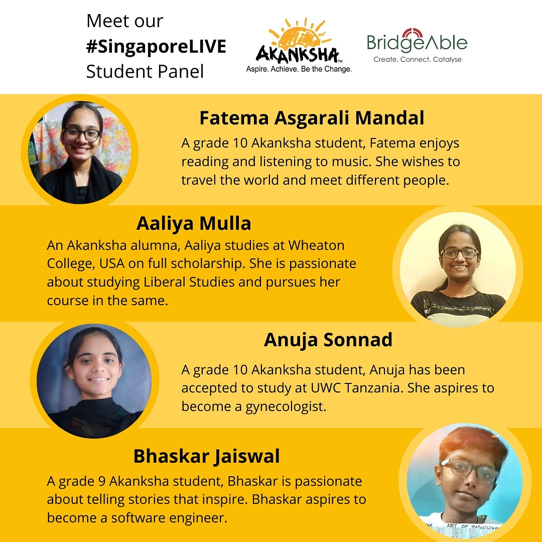 Akanksha_India's tweet photo. Few hours to go! Are we seeing you for #SingaporeLIVE with our students and alumni?
Register today and participate in our discussion on the changing nature of education in a pandemic.
https://t.co/PL4NZYezvK
26th June
Time : 2pm to 3:30pm IST / 4:30pm to 6:00pm Singapore Time https://t.co/wGCrs58RT3