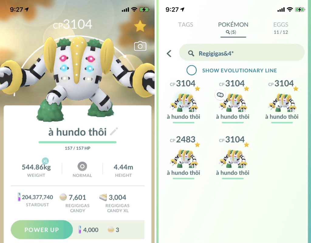 ProfOak_'s tweet image. [#Regigigas] after 1000 raids, its resulted in 5 hundo and lots of candies, just like a Community Day of Regigigas has just swept through my account. @ItsFleeceKing @PokemonGoApp  @PokemonGOAppJP @LEGENDSLima @brandontan91