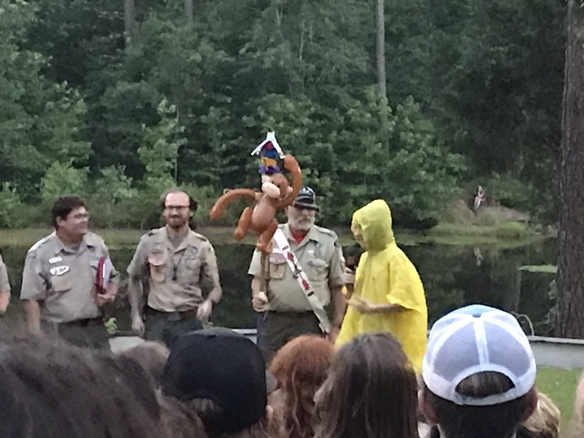 Troop212Cary's tweet photo. Troop 212 won the Spirit Stick on Friday. Zachary told the story of the Uncurious Monkey as he presented the Spirt Stick back to the staff.  Then Troop 212 won the final Camp Spirit Stick and took home the prize! https://t.co/8fBA64Im8C