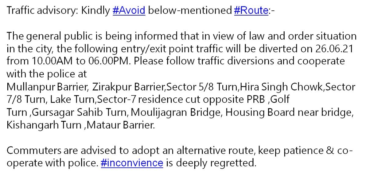trafficchd's tweet photo. Traffic advisory: Kindly #Avoid below-mentioned #Route:- https://t.co/yBt1WqJSJy