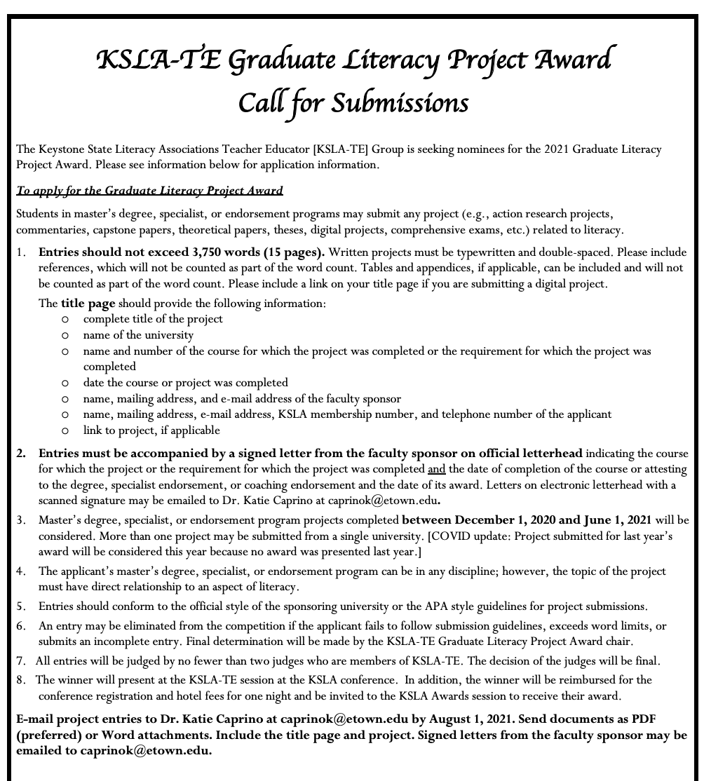 We're accepting applications for our KSLA-TE Graduate Literacy Project Award until August 1! Reach out to chair <a href="/KCapLiteracy/">Katie Caprino</a> with any questions! <a href="/KeystoneReading/">KeystoneStateLiteracy</a>