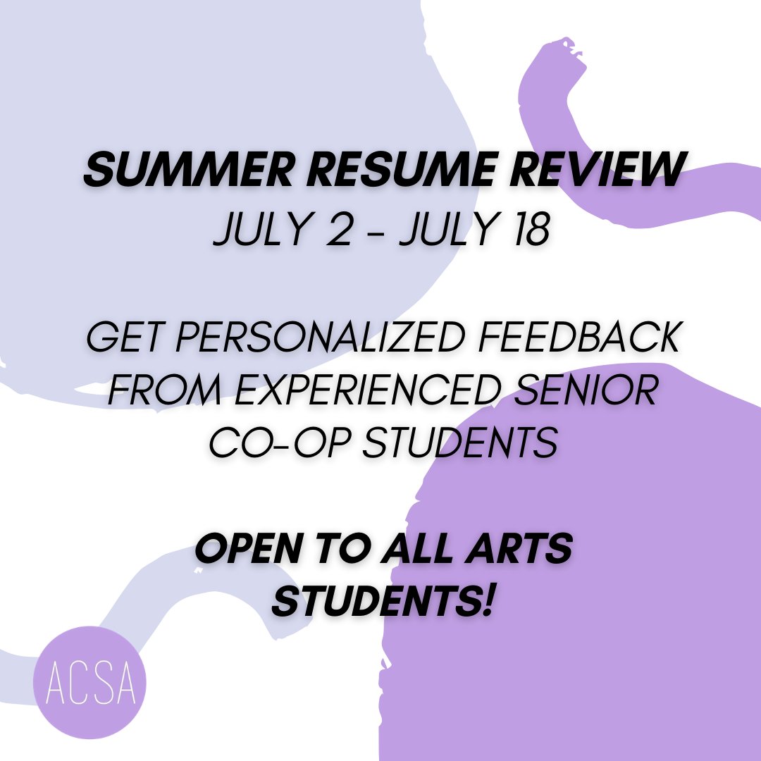 UBCACSA's tweet photo. ACSA executives will be hosting one-on-one 15-minute resume review sessions open to ALL ARTS STUDENTS on select time slots form July2-18! Get personalized feedback from one of our experienced senior co-op students. 

Sign up here: https://t.co/7BKeEtlavH https://t.co/ypSLI1J8AN