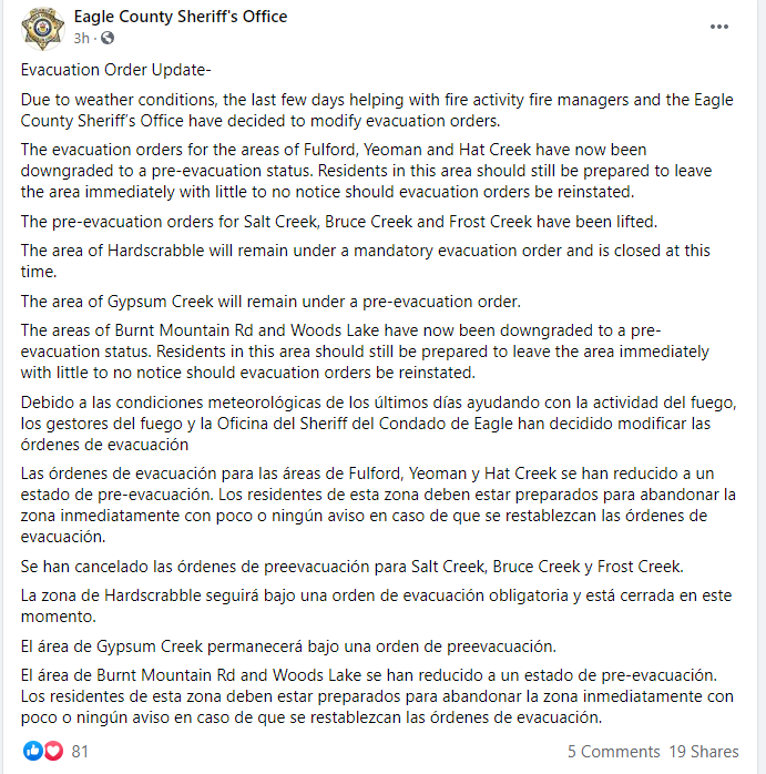 CEDRdigital's tweet photo. Several evacuation changes in #EagleCO County for the #SylvanFire 
Varios cambios de evacuación en el condado de Eagle para el #SylvanFire #CO https://t.co/jSJrf6cU9c