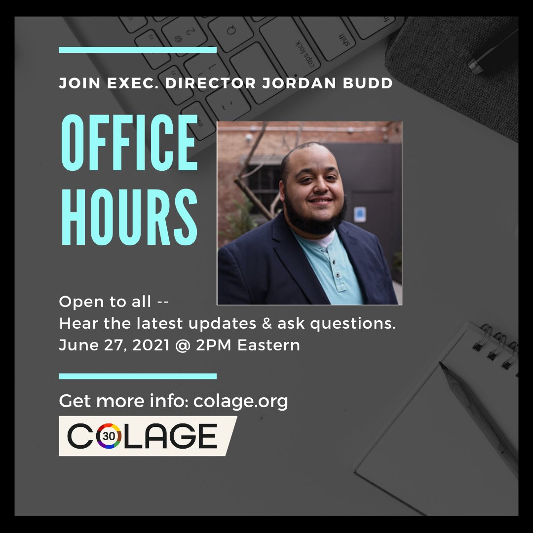 COLAGENational's tweet photo. #PrideMonth is almost over but we’ve still got events coming up! On 6/27 & 7/10 we are joining @theneatorg for #EqualityTime phone banks to support the passage of the #EqualityAct.
On 6/27, join Exec Director Jordan Budd for office hours.
Visit https://t.co/22m47hcKro for more! https://t.co/0wwPXK3OIl