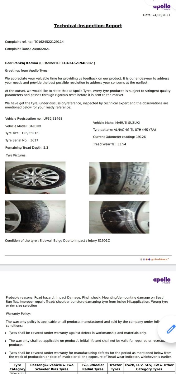 pankaj_kadimi's tweet photo. @iamneerajkanwar @iamneerajkanwar @dahiyaarrajesh @SatishS99907373 #Apollotyre I also claimed my factory fitted apollo tyre but my claim rejected by service eng. But I am not satisfied from his reply so plz check all attachment &amp; reply for my trust on company for future. https://t.co/NJnQJgEwxm