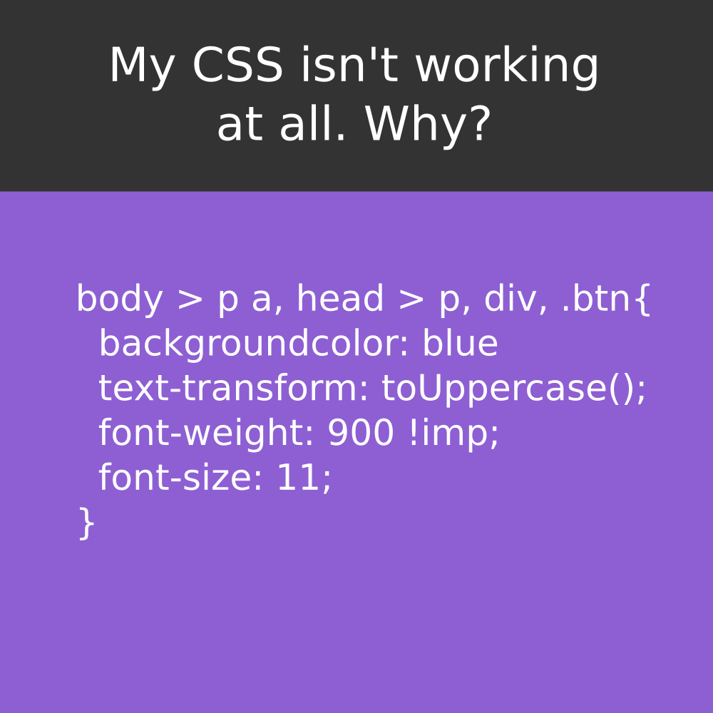 WeArePirple's tweet photo. My CSS isn't working at all. Why?!! π₯
#html #html5 #htmlcss #css #cascadingStyleSheets #htmlcode #htmlcoding #HTMLHeading #HTMLHeadings #htmlcoin #htmlbuilder #html5tutorial #html5css3 #html5validation #htmlemails #htmldevelopers #htmlskills #html4 #webdesign https://t.co/gCIcIrJG9O
