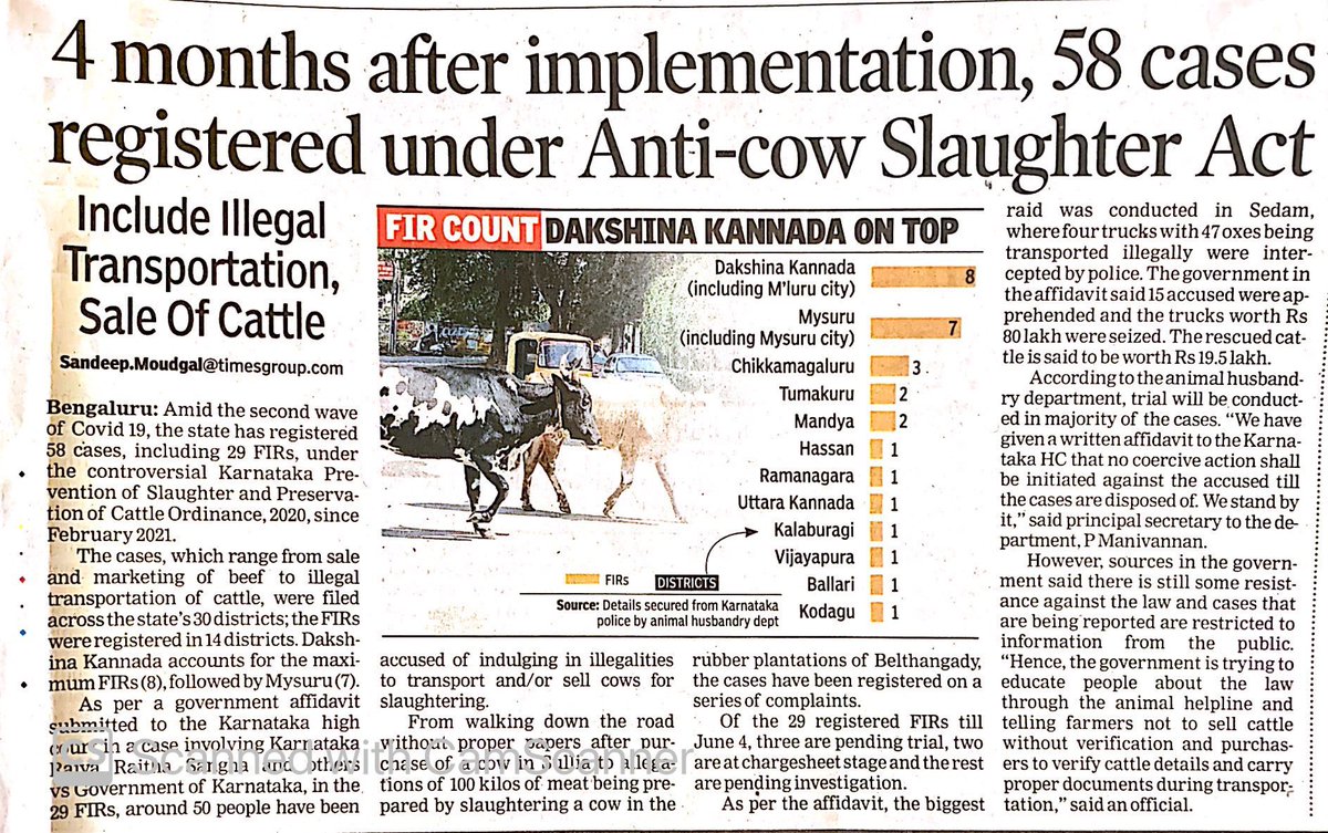 sandeepmTOI's tweet photo. In other news, outside #COVID19, #Karnataka controversial #AntiCowSlaughterAct has seen 58 cases registered and 29 FIRs filed. And, almost all cases are “pending investigation”. #beefban https://t.co/Zkc18SCgFG