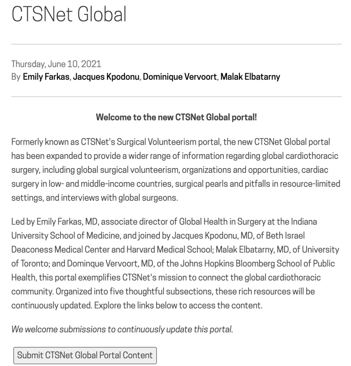 JacquesKpodonuMD,FACC (@jacqueskpodonu) on Twitter photo #CTSNetGlobal is now up <a href="/ctsnetorg/">CTSNet</a>!
Easily found at the top of the CTSNet website, anyone is able to submit #GlobalCardiacSurgery research, experiences, and insights to the platform.
Find out more: ctsnet.org/article/ctsnet…
<a href="/EA_FarkasMD/">Emily Farkas, MD</a> <a href="/MElbatarny/">Malak Elbatarny</a> <a href="/BIDMCSurgery/">BIDMC Department of Surgery</a> <a href="/DVervoort94/">Dominique Vervoort</a> #CTSNetGlobal is now up <a href="/ctsnetorg/">CTSNet</a>!
Easily found at the top of the CTSNet website, anyone is able to submit #GlobalCardiacSurgery research, experiences, and insights to the platform.
Find out more: ctsnet.org/article/ctsnet…
<a href="/EA_FarkasMD/">Emily Farkas, MD</a> <a href="/MElbatarny/">Malak Elbatarny</a> <a href="/BIDMCSurgery/">BIDMC Department of Surgery</a> <a href="/DVervoort94/">Dominique Vervoort</a>