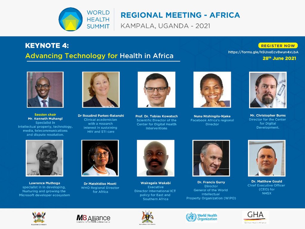 The @WorldHealthSmt Regional Meeting Africa 2021 will feature various discussion topics on health with participants from over 100 countries. Meet the panelists on the topic: Advancing Technology for Health in Africa. 
#WHSKampala 
#M8Alliance 
#WHS2021