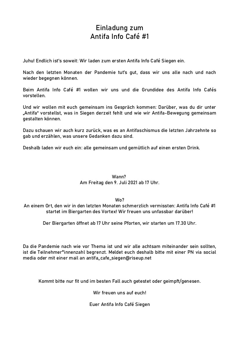 CafeSiegen's tweet photo. Und endlich können wir einladen: #Antifa #Info #Café #1 am Freitag den 9.7. um 17 Uhr im Vortex #Siegen. #Alerta https://t.co/hhyRy4abSh