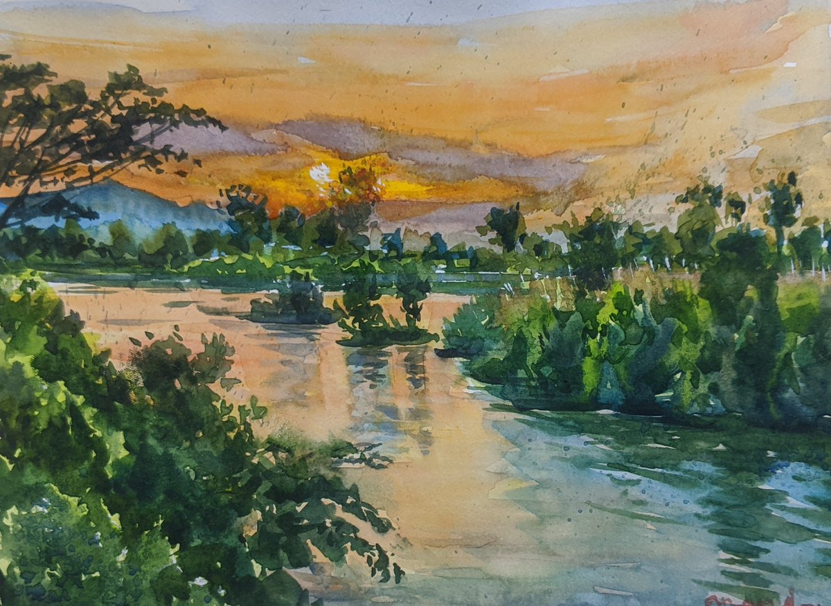 artbymra's tweet photo. Twilight Hues, watercolors on 160gsm paper #watercolorartist #watercolous #watercolors #landscapeartist #landscape #aquarela #aqurelle #artistoninsta #artbymranand #artbymra #sunsetriver #sunset #twilight https://t.co/CNzwFaCqVs