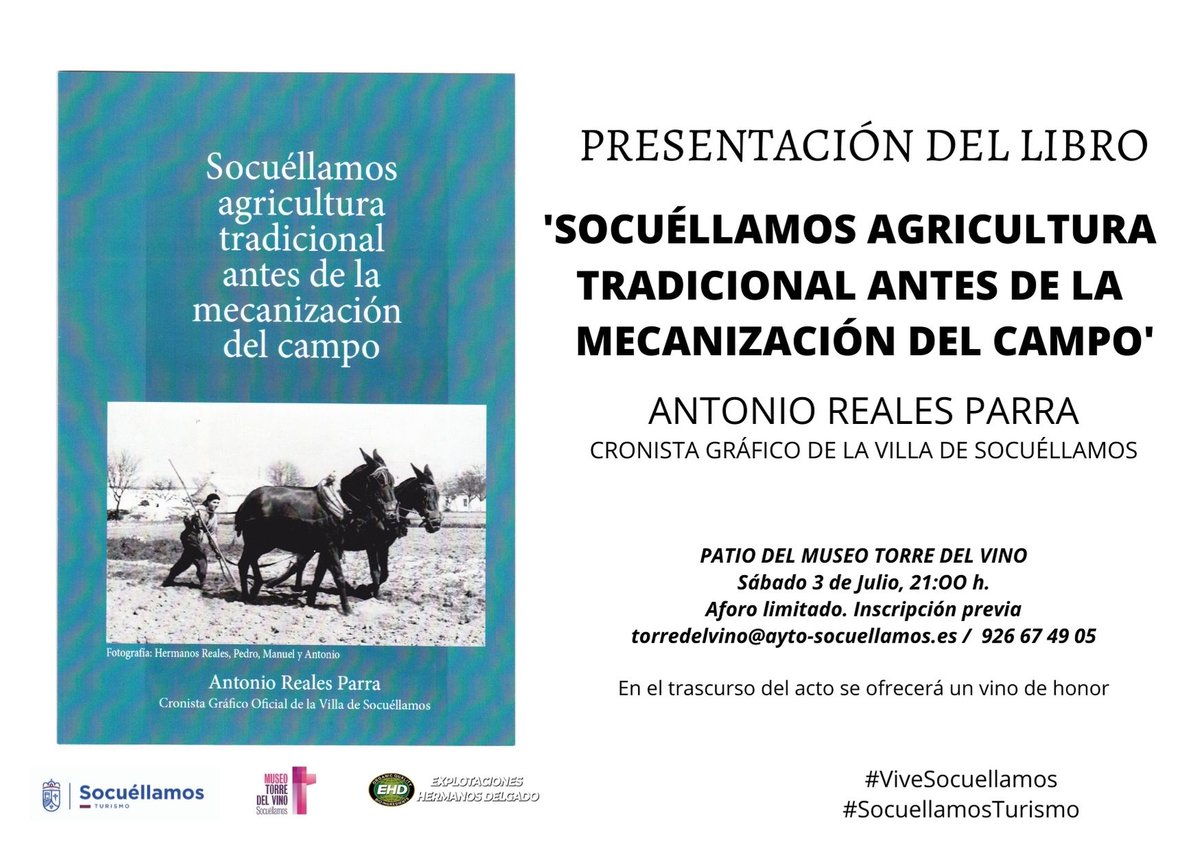 El próximo sábado, 3 de julio, en  @TorreVino , va a tener lugar la presentación del libro: 'Socuéllamos agricultura tradicional antes de la mecanización del campo'.
#MTDVS   #ViveSocuéllamos #EnoturismoRVE #Rutadelvinodelamancha #DOLaMancha #Museosdelvino #Socuéllamosturismo