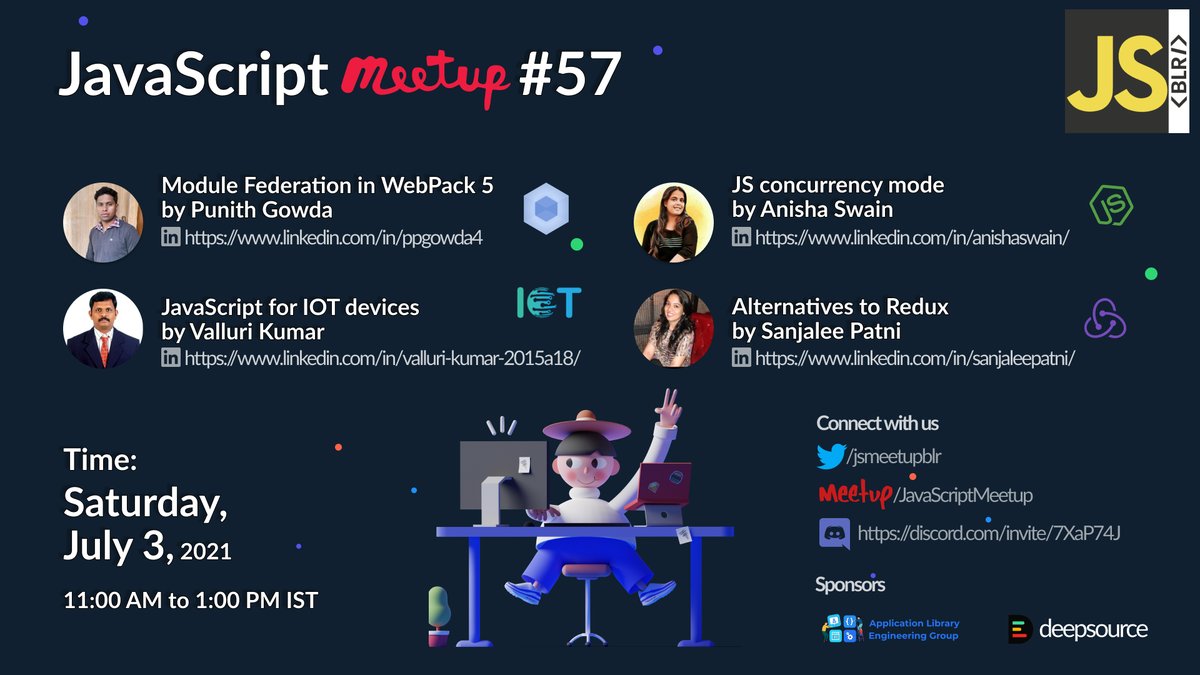 jsmeetupblr's tweet image. #JavascriptMeetup Event announcement 👋
Let's connect and learn on 3rd July !!
Speakers : @punithgowdanpg @anishaswain @sanjaleepatni and Valluri Kumar
Event Sponsors: @applibgroup @DeepSourceHQ
Register now:➡️ meetup.com/JavaScriptMeet…
#JS #javascript #IoT #webpack #Redux