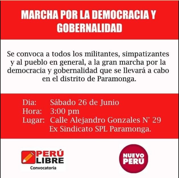 PARAMONGA
Sábado 26 MARCHA NACIONAL en defensa de la democracia contra el Golpe FUJIMONTESINISTA. 
#YoMarcho26J.