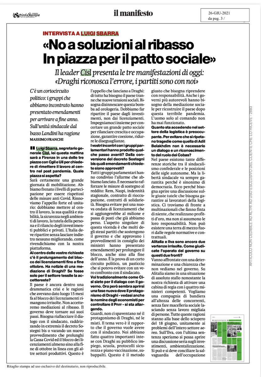 CislNazionale's tweet photo. 🗞L’Italia deve ripartire senza lasciare indietro nessuno, migliorando e rafforzando la rete delle protezioni sociali, mettendo al centro il rispetto per la persona e la dignità del lavoro: #LuigiSbarra su Il Manifesto del #26giugno #RipartiamoInsieme #CgilCislUil https://t.co/zDN7S20dTD