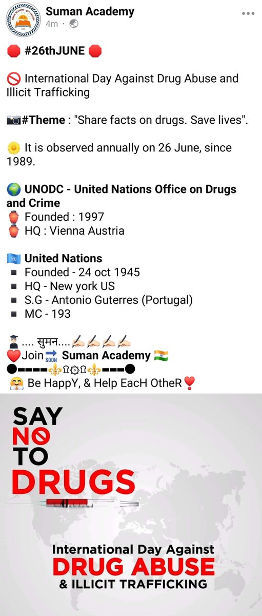 SumanAcademy's tweet photo. Choose life, Choose health.

#SayNoToDrugs
#SayYesToLife
#DrugFreeIndia https://t.co/A6ojaJmafu