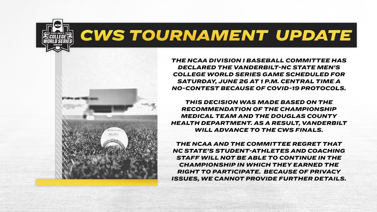 NCAA Statement from Division I Baseball Committee:

The NCAA Division I Baseball Committee has declared the Vanderbilt-NC State Men’s College World Series game scheduled for Saturday, June 26 at 1 p.m. Central time a no-contest because of COVID-19 protocols. #CWS