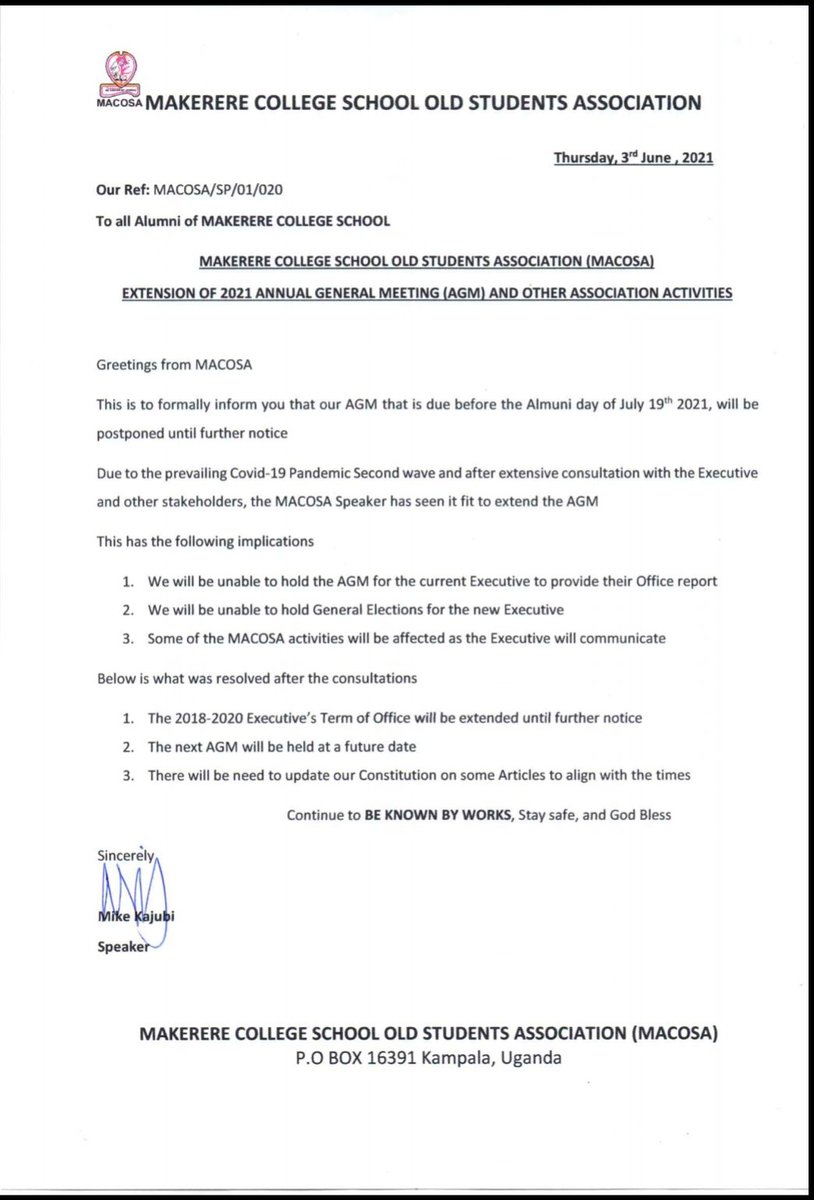 Communication from the Speaker in regards to the scheduled AGM of 19th July, 2021. 

#WearAMask 
#Keepsafe

Be Known By Works.