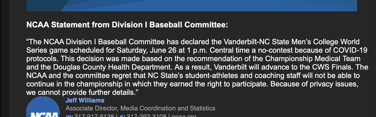 KendallRogers's tweet photo. Here’s the full statement from the @NCAACWS on @NCStateBaseball being done and @VandyBoys moving on: https://t.co/GxY00bJtfE