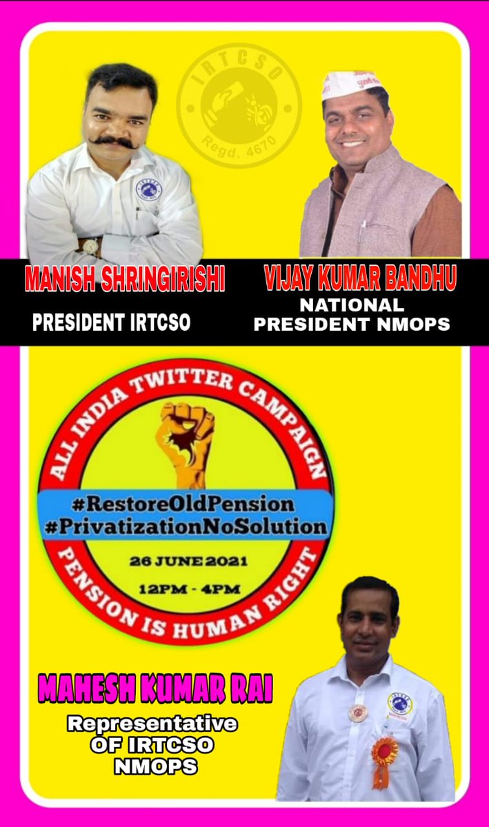 <a href="/PMOIndia/">PMO India</a>
<a href="/RailMinIndia/">Ministry of Railways</a>
<a href="/IRTSassociation/">IRTS Association</a>
<a href="/airfindia/">AIRF</a>
<a href="/nfirindia/">NFIRINDIA</a>
#RestoreOldPension

#PrivatizationNoSolution

#No_Vote_For_Privatisation