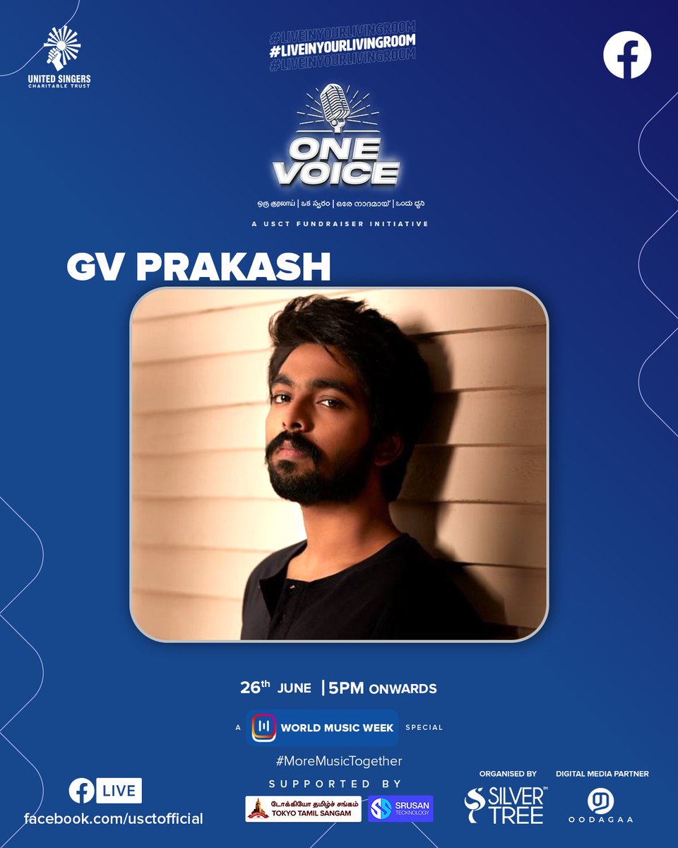 The day is getting more beautiful as we have our very own 'Asuran of Music' GV Prakash going LIVE.

Visit usct.in/donate-now for donations.

#GVPrakash #USCT #MakeMusicTogether #LiveInYourLivingRoom #SocialForGood #WorldMusicWeek #OneVoice <a href="/gvprakash/">G.V.Prakash Kumar</a>