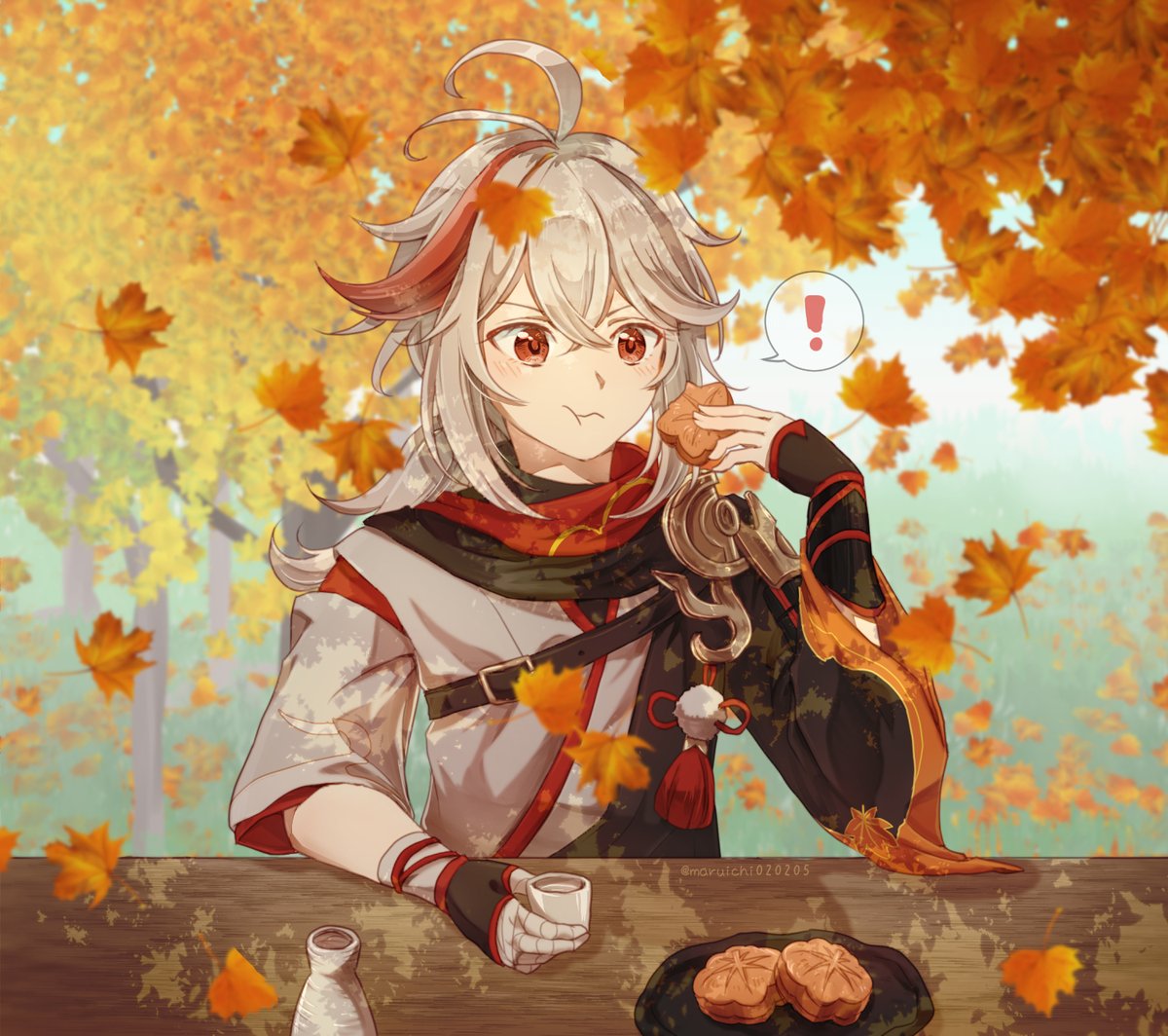 kaedehara kazuha male focus 1boy red eyes bangs japanese clothes food leaf  illustration images