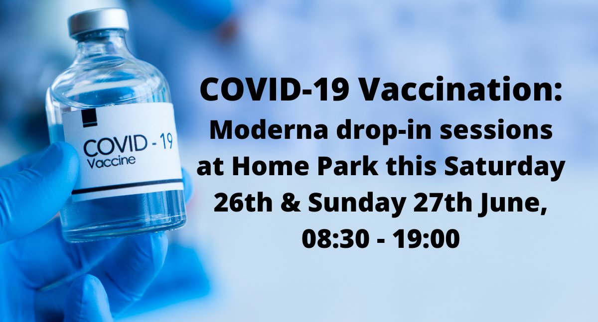 Big Weekend Drop-ins - Are you aged 18 or over and awaiting your first COVID-19 vaccination? Drop-in sessions open this weekend (Sat 26 and Sun 27 June) at Home Park between 8:30am-7pm. Please expect to queue and bring a drink and snack with you - thank you.
