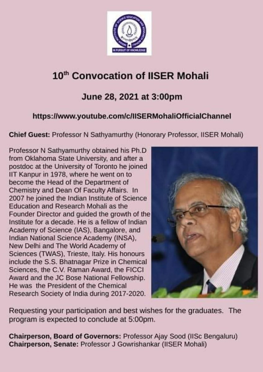 IiserMohali's tweet image. Celebrating the 10th Convocation of IISER Mohali online on June 28th 3:00 P.M. The ceremony will be live streamed on our YouTube channel. Please find the link below:
 youtube.com/c/IISERMohaliO…