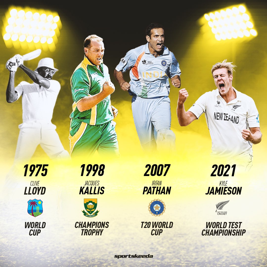 Sportskeeda's tweet photo. The first Man of the Match award winners in ICC Finals 🌟🤩

Which was your favourite performance? 🤔

#CliveLlyod #JacquesKallis #IrfanPathan #KyleJamieson https://t.co/17VirIDJ55