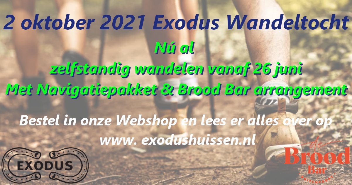 2 oktober 2021 Exoduswandeltocht 
Wilt u nu al zelfstandig wandelen? Dat kan vanaf 26 juni!
4 routes (10,17,25 en 45,5km), 2 pakketten
Lees meer en Bestel op exodushuissen.nl/webshop/zelfwa…