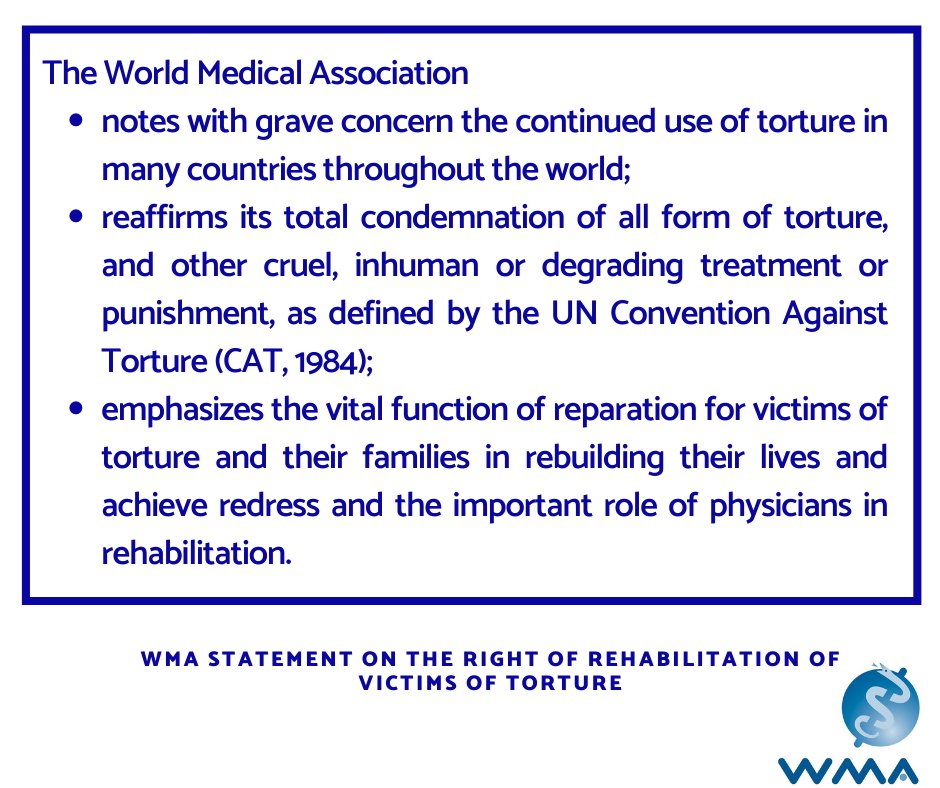 medwma's tweet photo. On @UN International Day in Support of Victims of Torture, read the WMA Statement on the Right of Rehabilitation of Victims of Torture: https://t.co/ptnhaxtfHZ #UNInternationalDay #SupportOfVictimsOfTorture https://t.co/f38rODbQRR