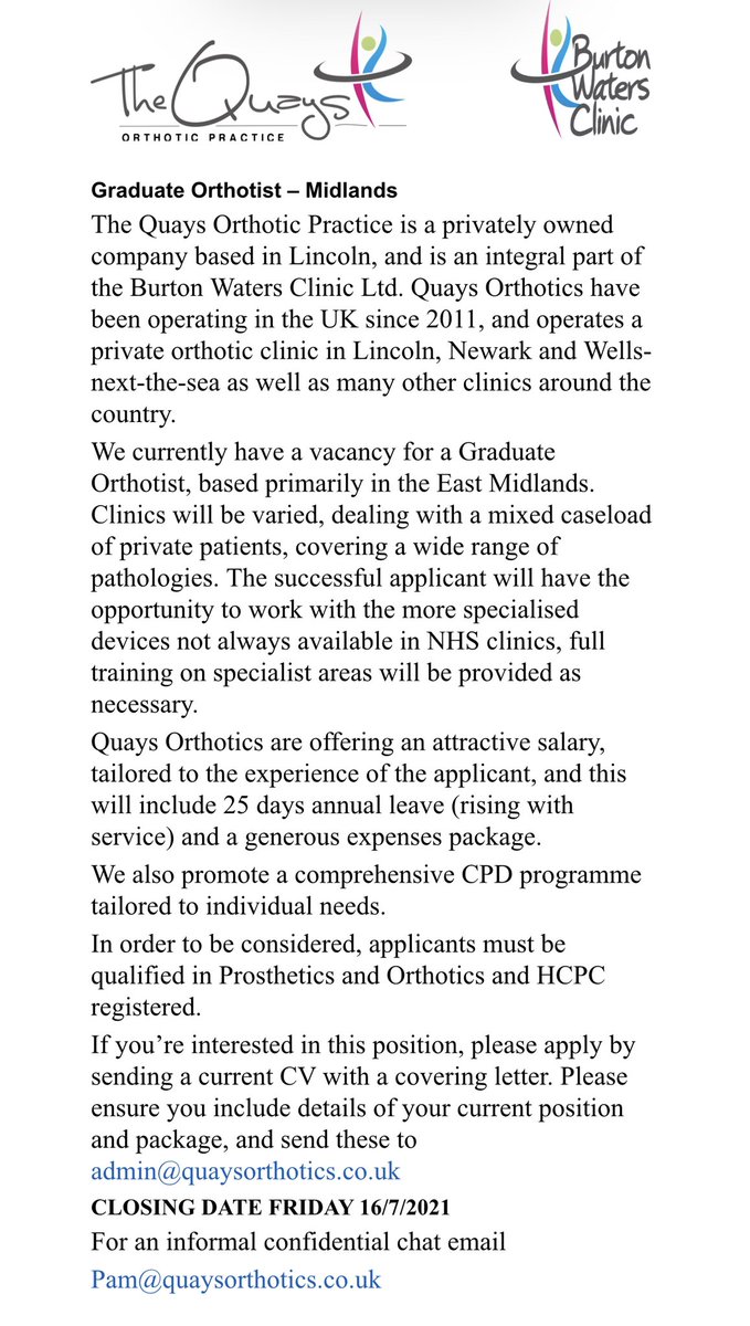 We are currently looking to add to our clinical team, specifically seeking to recruit a newly or recently qualified Orthotist. Check out the advert below if you are interested, or please share if you know someone who might be.