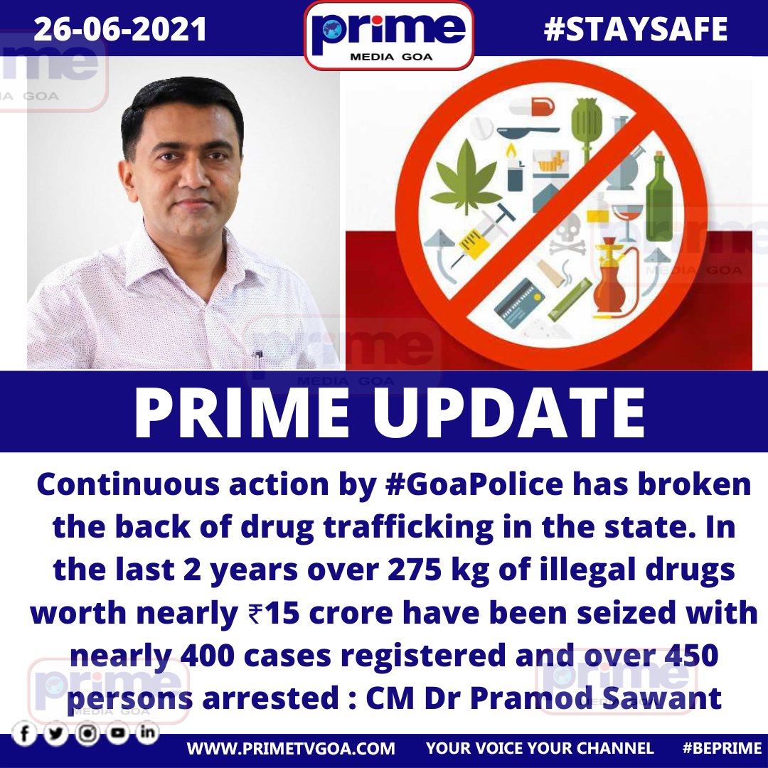 PrimeTVGoa's tweet photo. Continuous action by #GoaPolice has broken the back of drug trafficking in the state: CM @DrPramodPSawant 

@DGP_Goa 

|| #PRIMEGOA #TV_CHANNEL #GOA #PRIMEUPDATE || https://t.co/LcllElHPjs