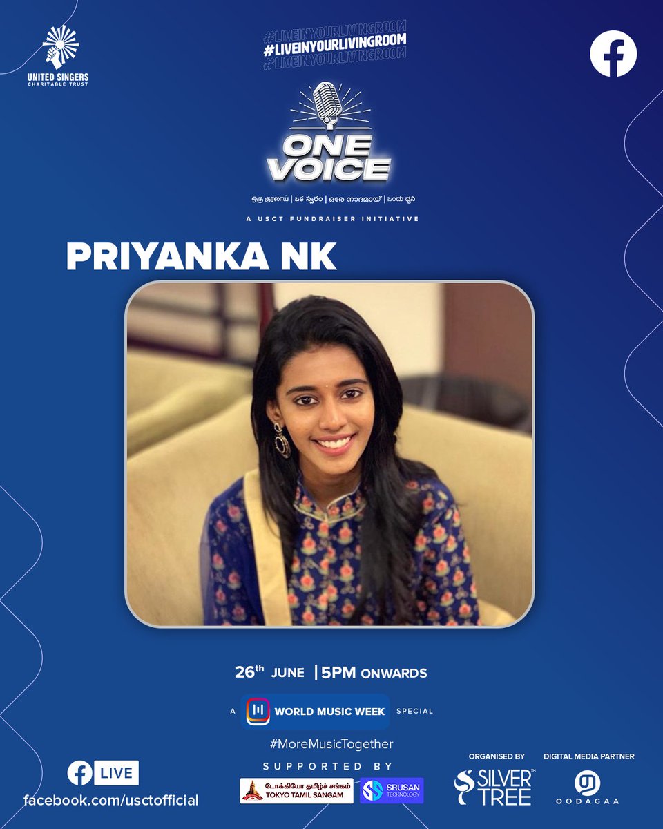 Join Priyanka NK as she comes live with a spellbinding performance.

Visit usct.in/donate-now for donation

#PriyankaNK #USCT #MakeMusicTogether #LiveInYourLivingRoom #SocialForGood #WorldMusicWeek #OneVoice